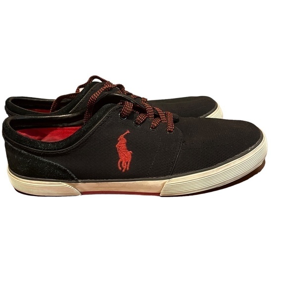 Polo Ralph Lauren Faxon Low Top Black Canvas Mesh/Suede Red Logo Sneakers Sz 13 - Picture 3 of 10